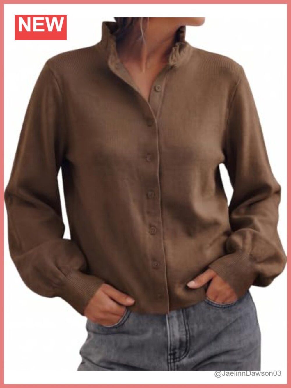 Cicy Bell Women's Puff Long Sleeve Cardigan Button Down Ruffle Collar Knit Tops